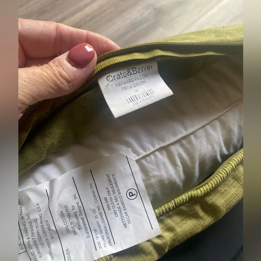 Crate & Barrel pillow cover in olive green and 16 inch pillow (feather filled)